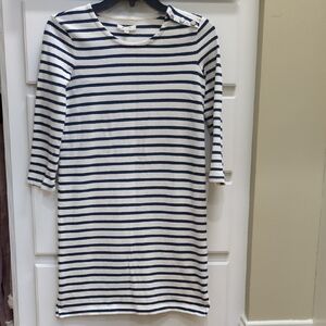 Madewell Navy and White Striped 3/4 Sleeve Dress With Buttons On Shoulder, XXS